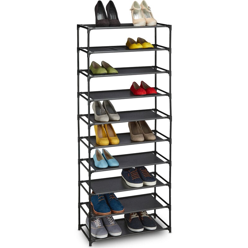 Shoe Rack, Organiser with 10 Levels, Stores 30 Pairs of Shoes, Fleece, Iron, HxWxD: 150 x 62 x 28, Black - Relaxdays