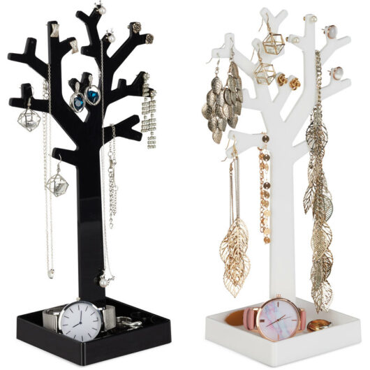Relaxdays Jewellery Tree Rack Set of 2 with Tray, Display for Necklaces, HWD: 28.5x14.5 x9.5 cm, Black-White