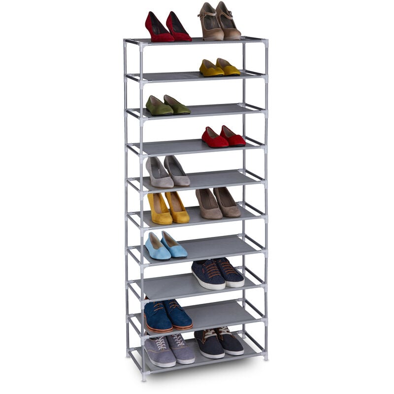 Relaxdays Shoe Rack, Organiser with 10 Levels, Stores 30 Pairs of Shoes, Fleece, Iron, HxWxD: 150 x 62 x 28, Grey