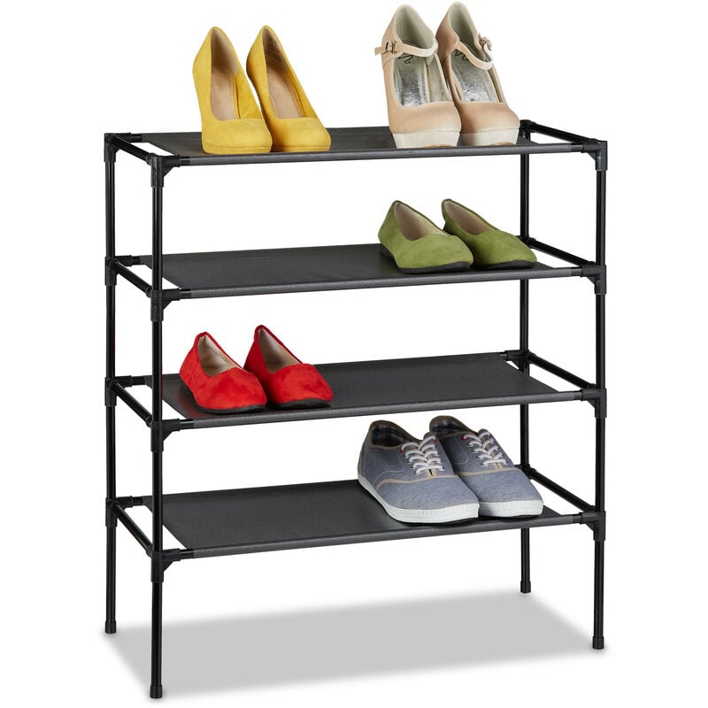 Relaxdays Shoe Rack, Organiser with 4 Levels, Stores 12 Pairs of Shoes, Fleece, Iron, HxWxD: 68 x 62 x 28, Black